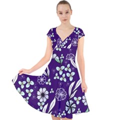 Floral Blue Pattern  Cap Sleeve Front Wrap Midi Dress by MintanArt