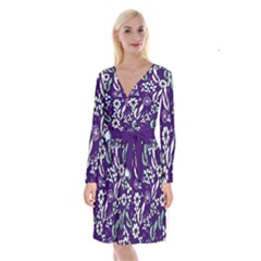 Floral Blue Pattern  Long Sleeve Velvet Front Wrap Dress by MintanArt