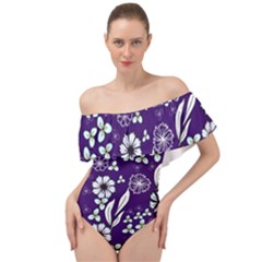 Floral Blue Pattern  Off Shoulder Velour Bodysuit  by MintanArt