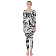 Black And White Graffiti Abstract Collage Long Sleeve Catsuit by dflcprintsclothing