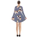 Cute  Pattern With  Dancing Ballerinas On The Blue Background Long Sleeve Velvet V-neck Dress View2