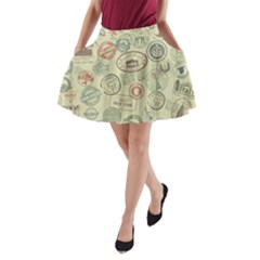 Beige Denim With Logos A-line Pocket Skirt by ArtsyWishy