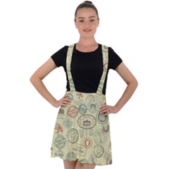 Beige Denim With Logos Velvet Suspender Skater Skirt by ArtsyWishy