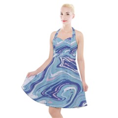 Blue Vivid Marble Pattern Halter Party Swing Dress  by goljakoff