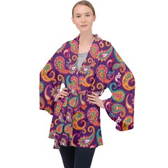 Paisley Purple Long Sleeve Velvet Kimono  by designsbymallika