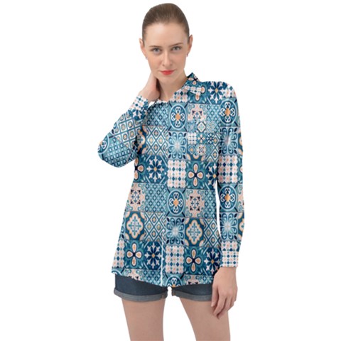 Ceramic Tile Pattern Long Sleeve Satin Shirt by designsbymallika