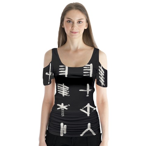 Ogham Rune Set Complete Inverted Butterfly Sleeve Cutout Tee  by WetdryvacsLair