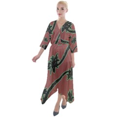 Tropical Style Floral Motif Print Pattern Quarter Sleeve Wrap Front Maxi Dress by dflcprintsclothing