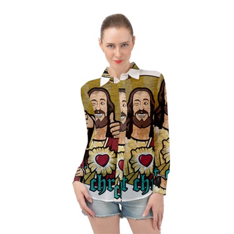 Buddy Christ Long Sleeve Chiffon Shirt by Valentinaart