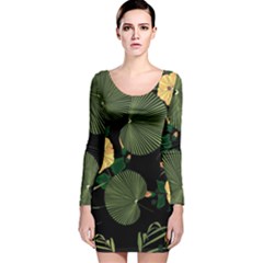 Tropical Vintage Yellow Hibiscus Floral Green Leaves Seamless Pattern Black Background  Long Sleeve Velvet Bodycon Dress by Sobalvarro