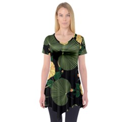 Tropical Vintage Yellow Hibiscus Floral Green Leaves Seamless Pattern Black Background  Short Sleeve Tunic  by Sobalvarro