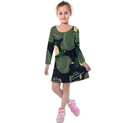 Tropical Vintage Yellow Hibiscus Floral Green Leaves Seamless Pattern Black Background  Kids  Long Sleeve Velvet Dress by Sobalvarro