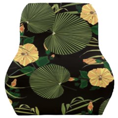 Tropical Vintage Yellow Hibiscus Floral Green Leaves Seamless Pattern Black Background  Car Seat Back Cushion  by Sobalvarro