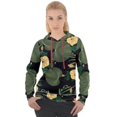 Tropical Vintage Yellow Hibiscus Floral Green Leaves Seamless Pattern Black Background  Women s Overhead Hoodie by Sobalvarro