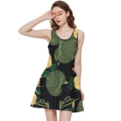 Tropical Vintage Yellow Hibiscus Floral Green Leaves Seamless Pattern Black Background  Inside Out Racerback Dress by Sobalvarro