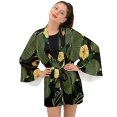 Tropical Vintage Yellow Hibiscus Floral Green Leaves Seamless Pattern Black Background  Long Sleeve Kimono by Sobalvarro