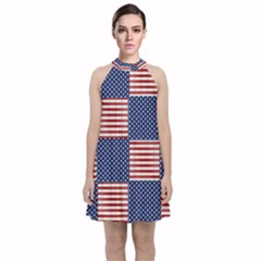 Red White Blue Stars And Stripes Velvet Halter Neckline Dress  by yoursparklingshop