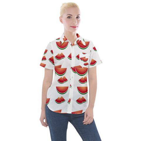 Summer Watermelon Pattern Women s Short Sleeve Pocket Shirt by Dutashop