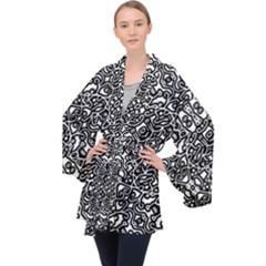 Interlace Black And White Pattern Long Sleeve Velvet Kimono  by dflcprintsclothing