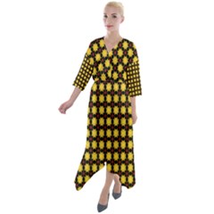 Yellow Pattern Green Quarter Sleeve Wrap Front Maxi Dress by Dutashop