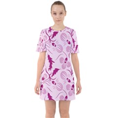 Dark Pink Flowers Sixties Short Sleeve Mini Dress by Eskimos