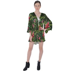 Tropical Flowers V-neck Flare Sleeve Mini Dress by goljakoff