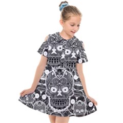 Sugar Skulls Bw Kids  Short Sleeve Shirt Dress by ExtraAwesomeSauce