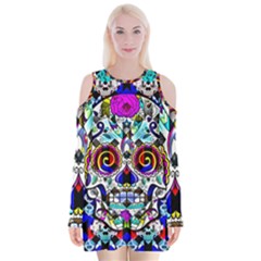 Sugar Skull Pattern 2 Velvet Long Sleeve Shoulder Cutout Dress by ExtraAwesomeSauce