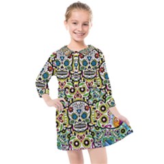 Sugar Skulls Pattern Kids  Quarter Sleeve Shirt Dress by ExtraAwesomeSauce