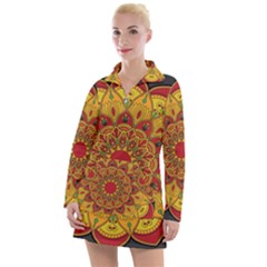 Mandela Flower Orange And Red Women s Long Sleeve Casual Dress by ExtraAwesomeSauce