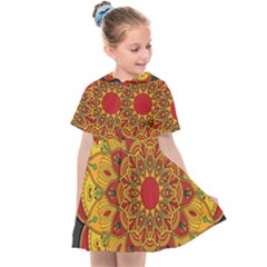 Mandela Flower Orange And Red Kids  Sailor Dress by ExtraAwesomeSauce