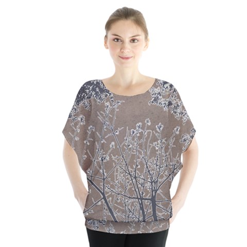 Linear Textured Botanical Motif Design Batwing Chiffon Blouse by dflcprintsclothing