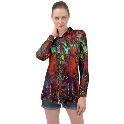 Boho Hippie Trippy Floral Pattern Long Sleeve Satin Shirt by CrypticFragmentsDesign