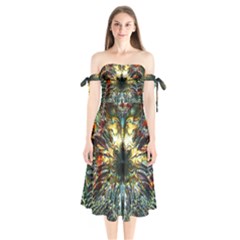 Multicolor Floral Art Copper Patina  Shoulder Tie Bardot Midi Dress by CrypticFragmentsDesign