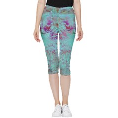 Retro Hippie Abstract Floral Blue Violet Inside Out Lightweight Velour Capri Leggings  by CrypticFragmentsDesign