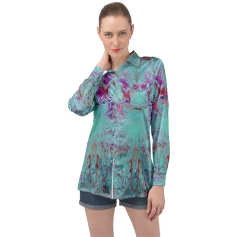 Retro Hippie Abstract Floral Blue Violet Long Sleeve Satin Shirt by CrypticFragmentsDesign