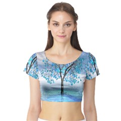 Crystal Blue Tree Short Sleeve Crop Top by icarusismartdesigns