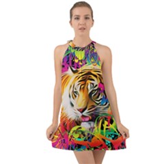 Tiger In The Jungle Halter Tie Back Chiffon Dress by icarusismartdesigns