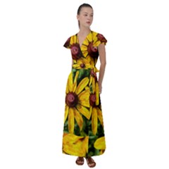 Sunflower Painting Flutter Sleeve Maxi Dress by ExtraAwesomeSauce