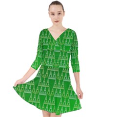 Green Triangles Quarter Sleeve Front Wrap Dress by JustToWear