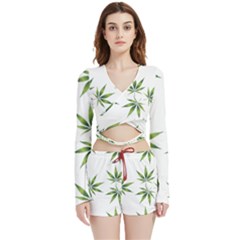 Cannabis Curative Cut Out Drug Velvet Wrap Crop Top And Shorts Set by Dutashop