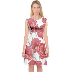 Red Poppy Flowers Capsleeve Midi Dress by goljakoff