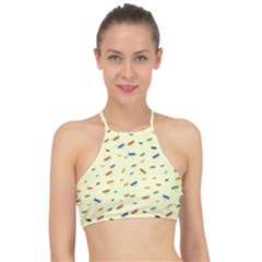 Dragonfly On Yellow Racer Front Bikini Top by JustToWear