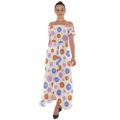 Multicolored Circles Off Shoulder Open Front Chiffon Dress by SychEva