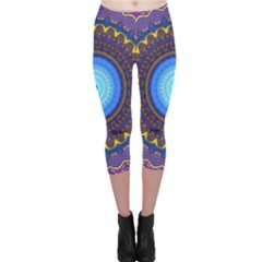 Blue Violet Midnight Sun Mandala Hippie Trippy Psychedelic Kaleidoscope  Capri Leggings  by CrypticFragmentsDesign