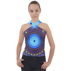 Blue Violet Midnight Sun Mandala Hippie Trippy Psychedelic Kaleidoscope  Cross Neck Velour Top by CrypticFragmentsDesign