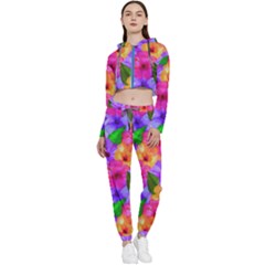 Watercolor Flowers  Multi-colored Bright Flowers Cropped Zip Up Lounge Set by SychEva