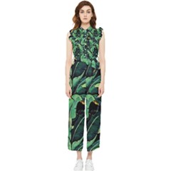 Night Banana Leaves Women s Frill Top Jumpsuit by goljakoff