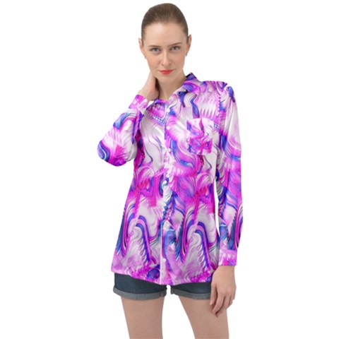 Hot Pink Fuchsia Flower Fantasy  Long Sleeve Satin Shirt by CrypticFragmentsDesign