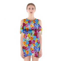 Pansies  Watercolor Flowers Shoulder Cutout One Piece Dress by SychEva